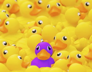 unique purple rubber duck with yellow ducks