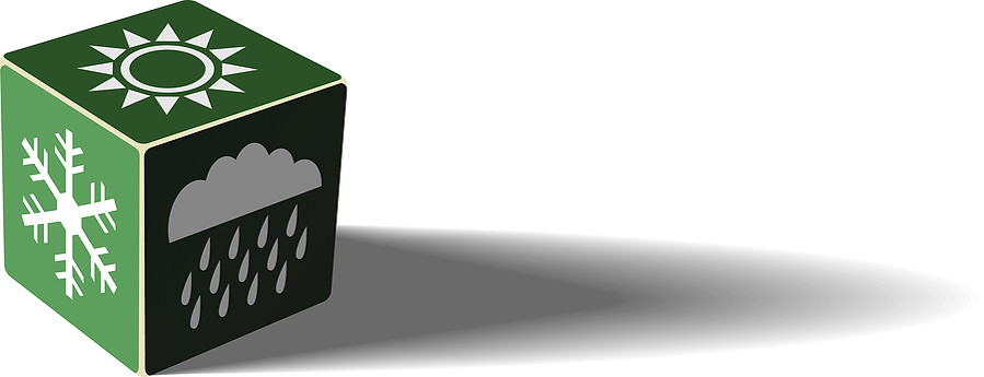green dice with weather symbols on
