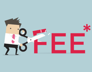 illustration man cutting the word fee with scissors