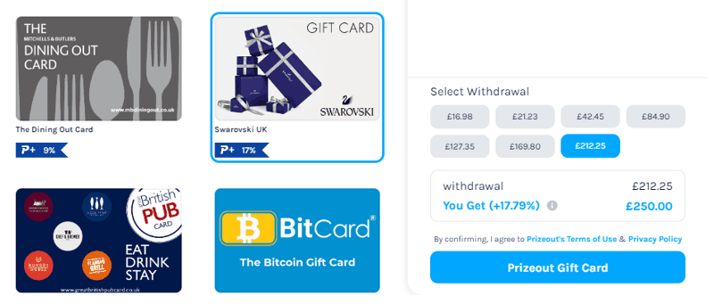 prizeout voucher withdrawal showing enhanced payout